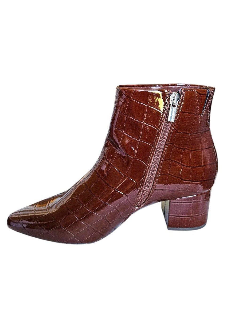 The Drop Jessi Side Zip Block Heel Ankle Boots, Chocolate Croc, 8.5, New,